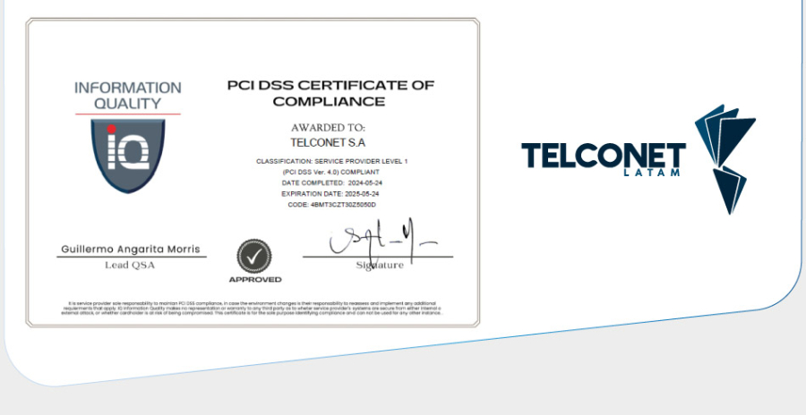 Nos enorgullece anunciar que Telconet Latam es una de las primeras compañías de Ecuador, en obtener la Certificación PCI DSS versión 4.0